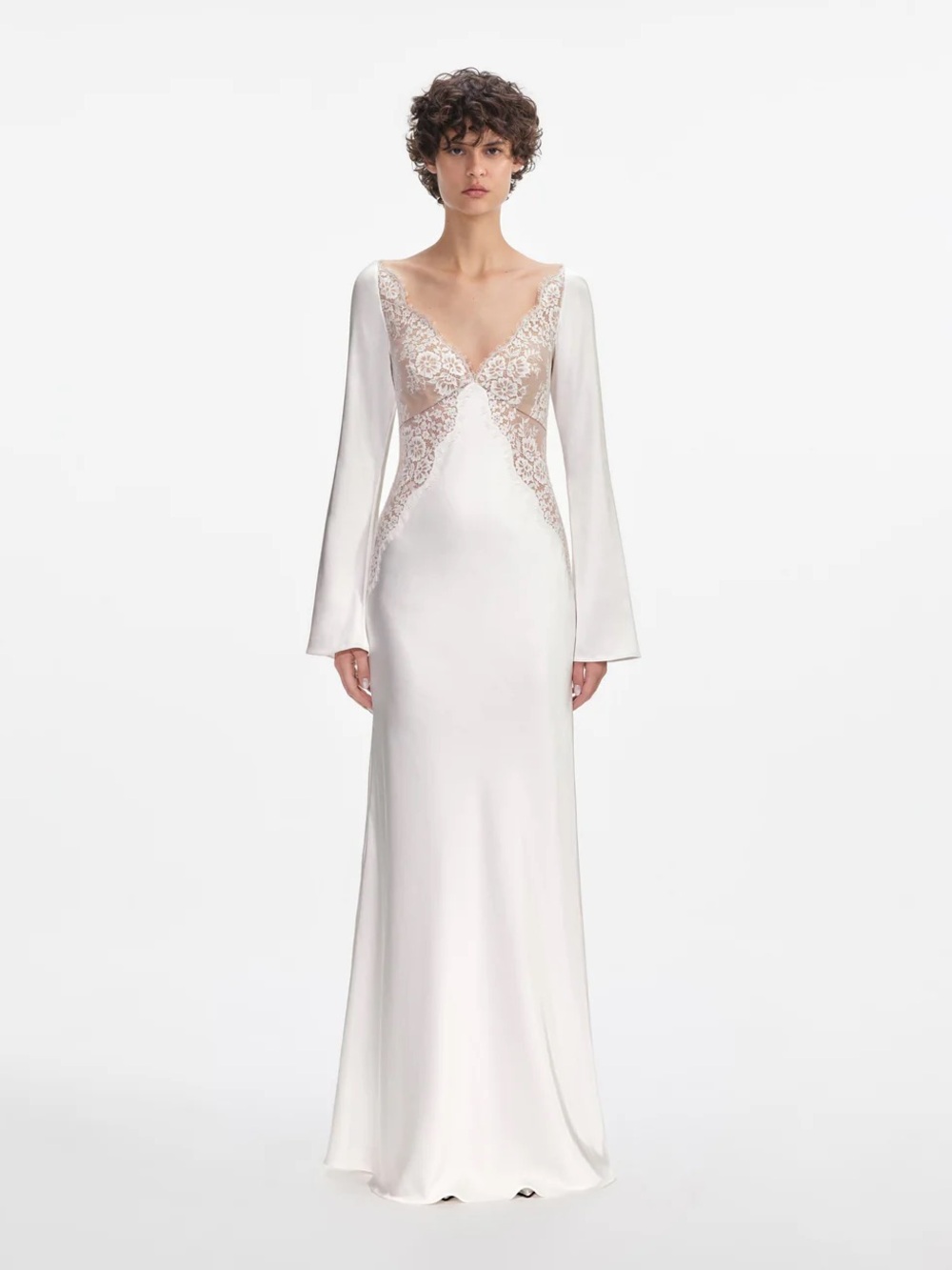 WHITE LACE SATIN LONG SLEEVE MAXI DRESS